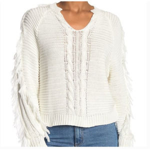 JOHN + JENN • White Petra Cable-Knit Fringe Sweater Sz Small